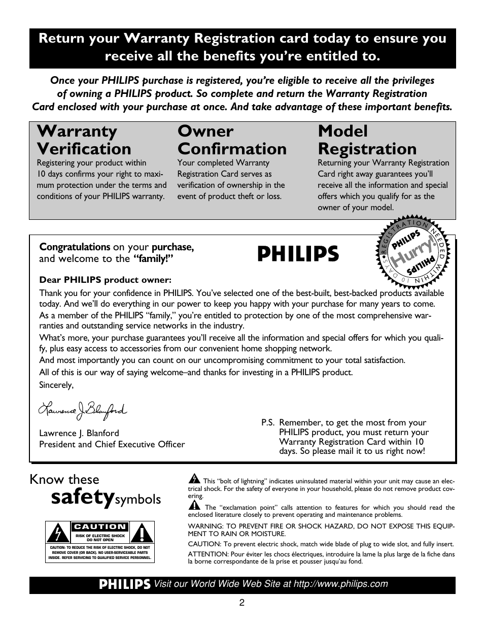 Safety, Warranty verification, Owner confirmation | Model registration, Hurry, Know these, Symbols t | Philips Real Flat TV DVD User Manual | Page 2 / 51