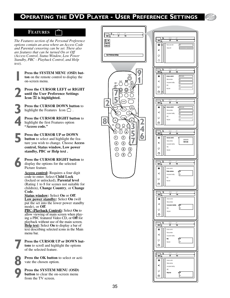 Dvd p, Perating the, Layer | Reference, Ettings f | Philips Real Flat TV DVD User Manual | Page 35 / 51