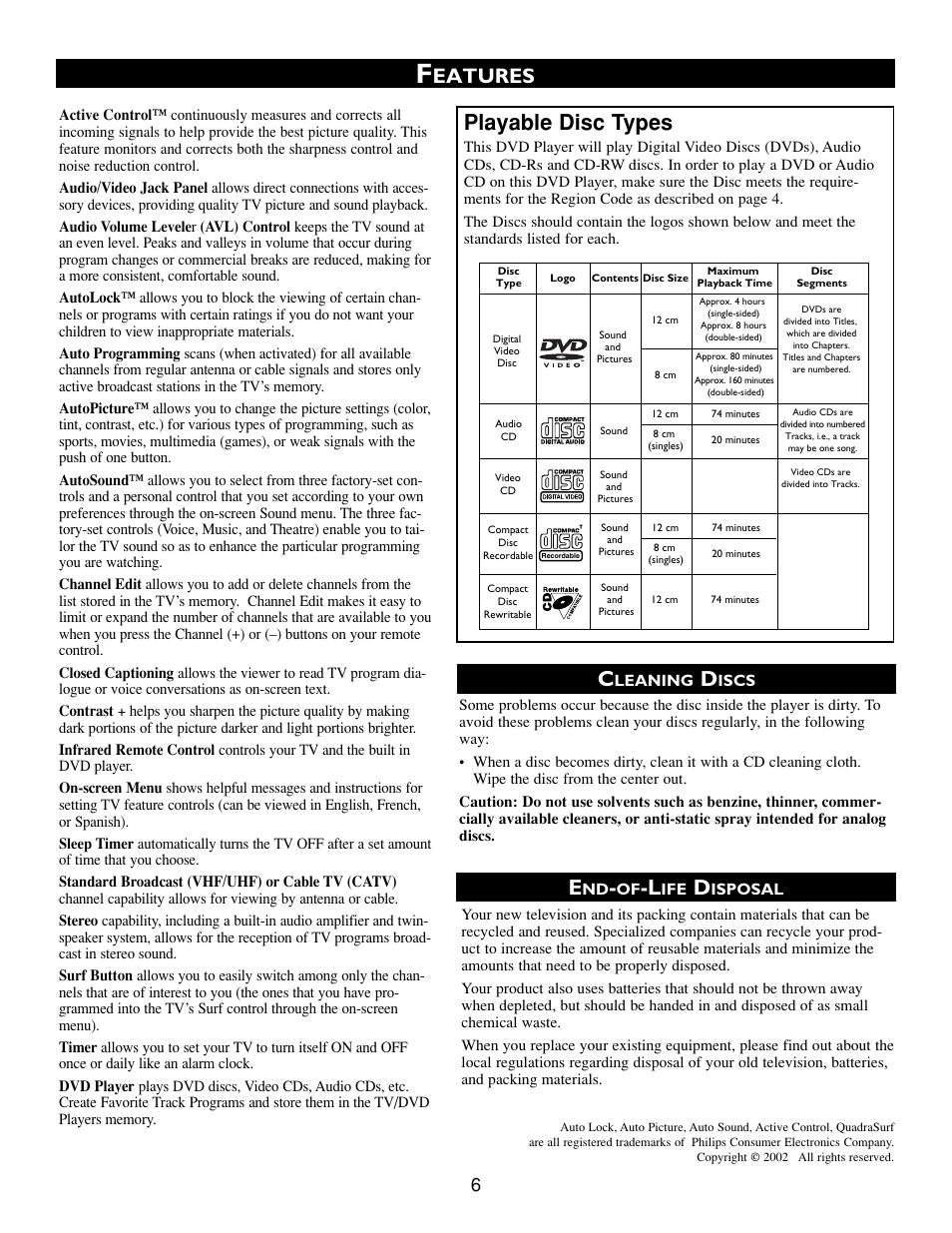 Eatures, Playable disc types, Leaning | Iscs, Isposal | Philips Real Flat TV DVD User Manual | Page 6 / 51