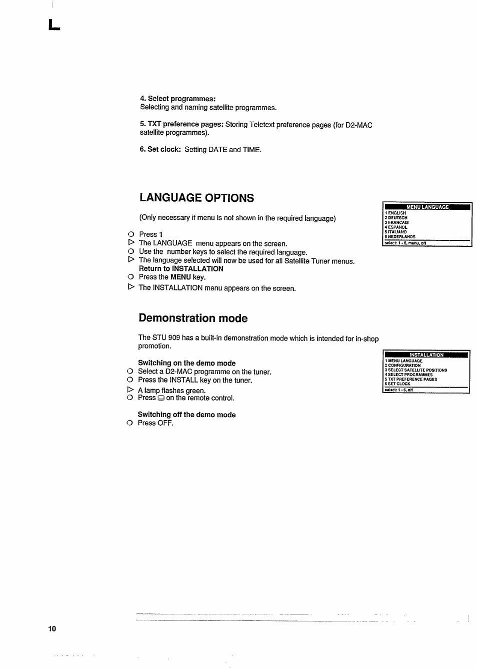 Language options, Demonstration mode | Philips STU909 User Manual | Page 10 / 27