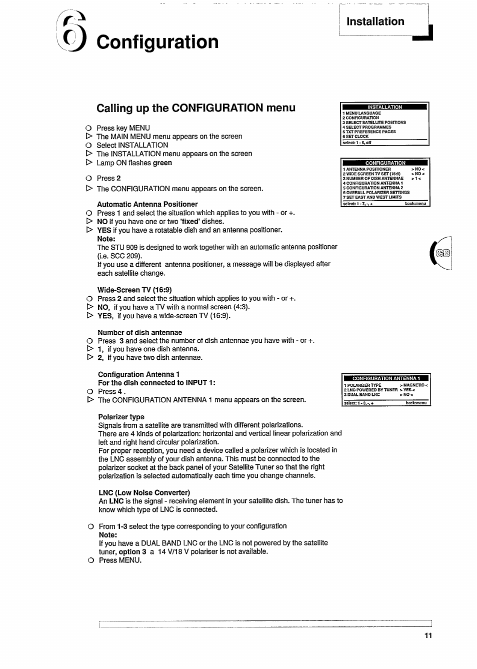 Configuration, Calling up the configuration menu, Installation calling up the configuration menu | Philips STU909 User Manual | Page 11 / 27