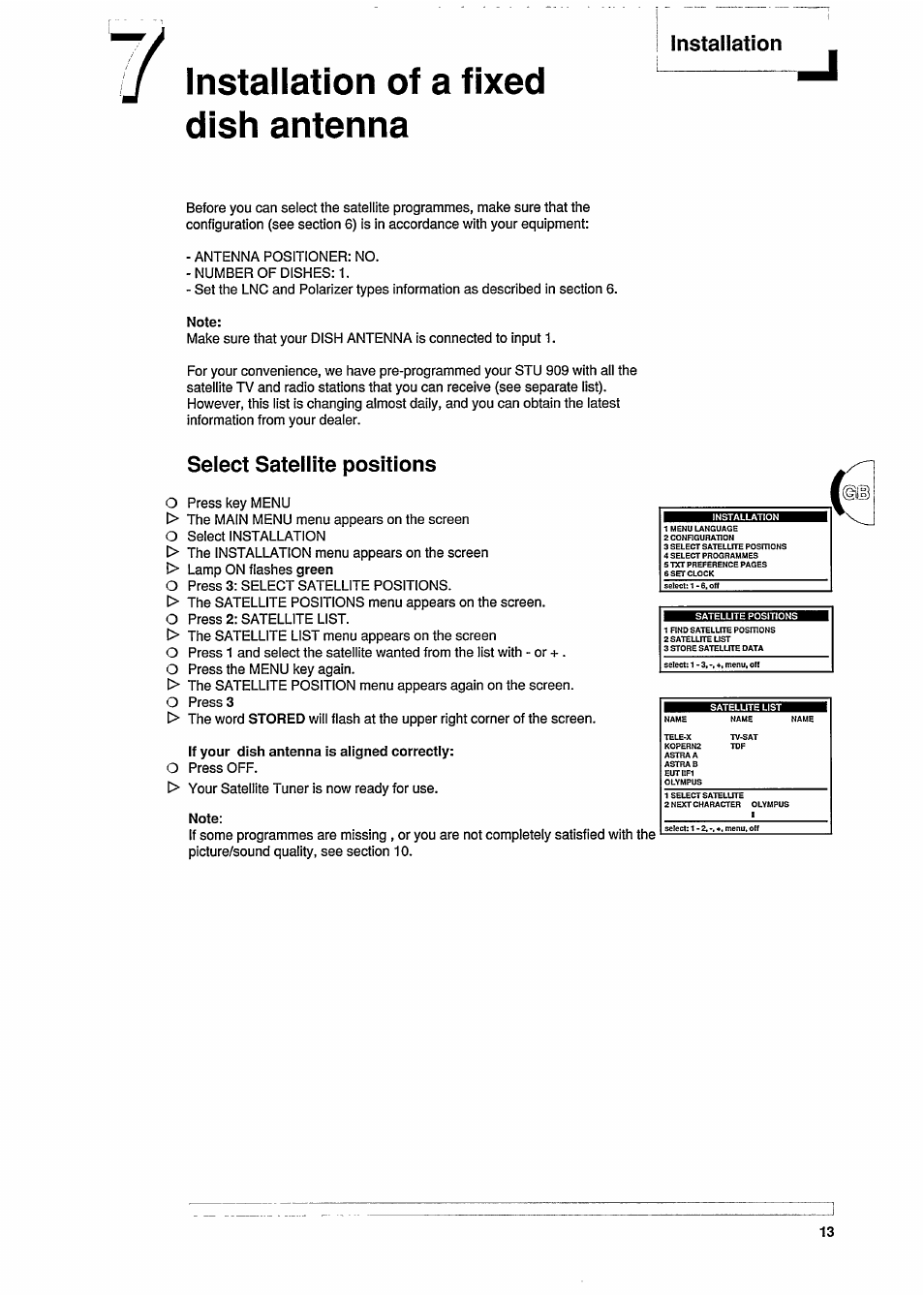 Installation of a fixed dish antenna, Select satellite positions, Installation | Philips STU909 User Manual | Page 13 / 27