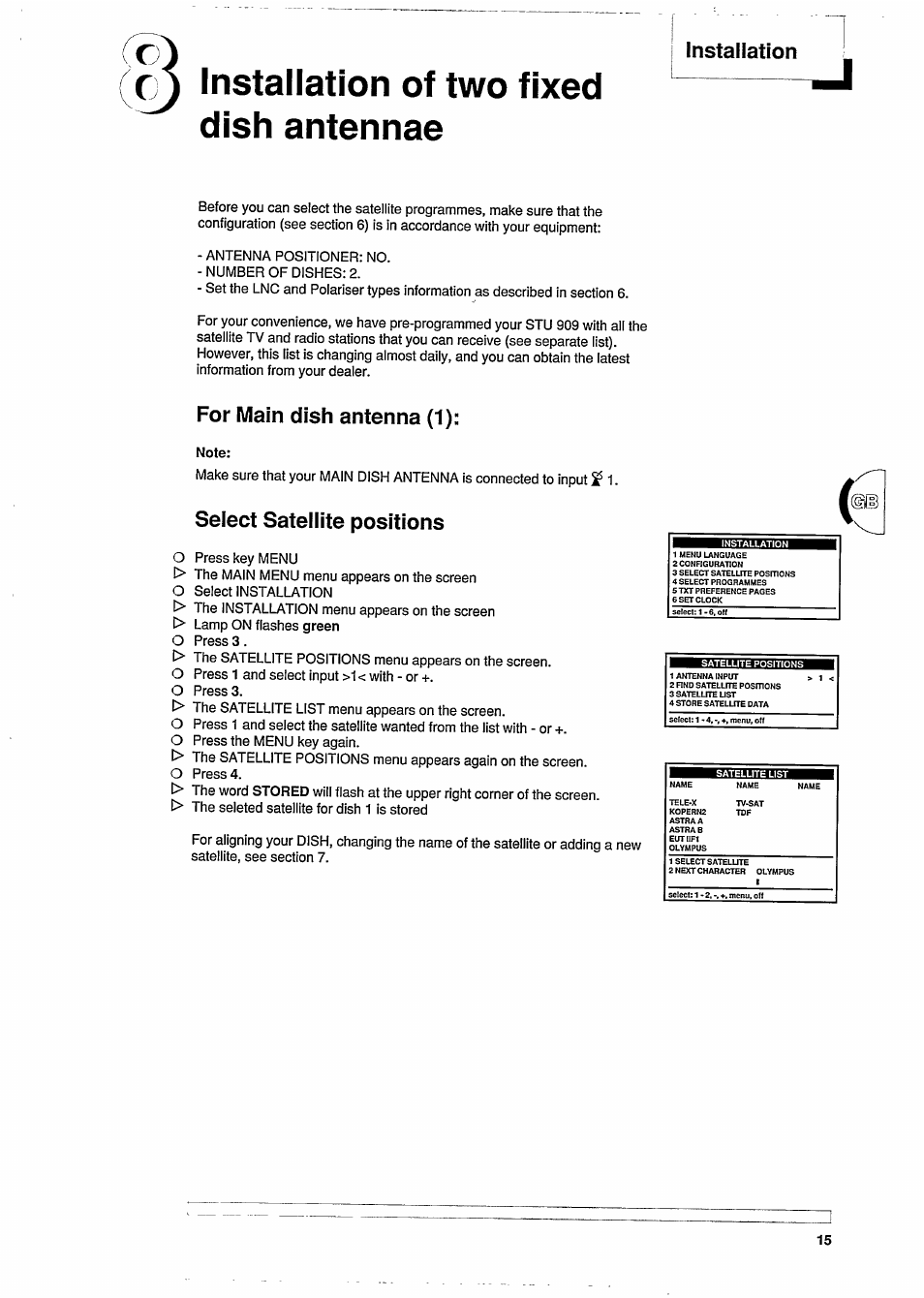 Cj installation of two fixed dish antennae, For main dish antenna (1), Select satellite positions | Installation | Philips STU909 User Manual | Page 15 / 27