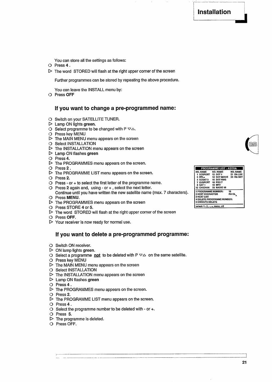 Installation, If you want to change a pre-programmed name, If you want to delete a pre-programmed programme | Philips STU909 User Manual | Page 21 / 27