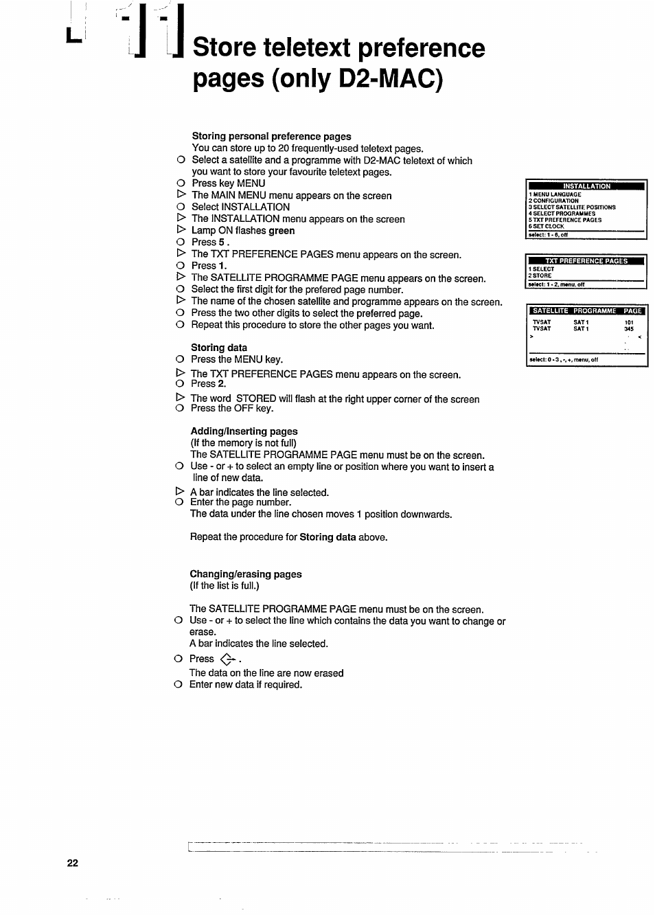 Store teletext preference pages (only d2-mac) | Philips STU909 User Manual | Page 22 / 27