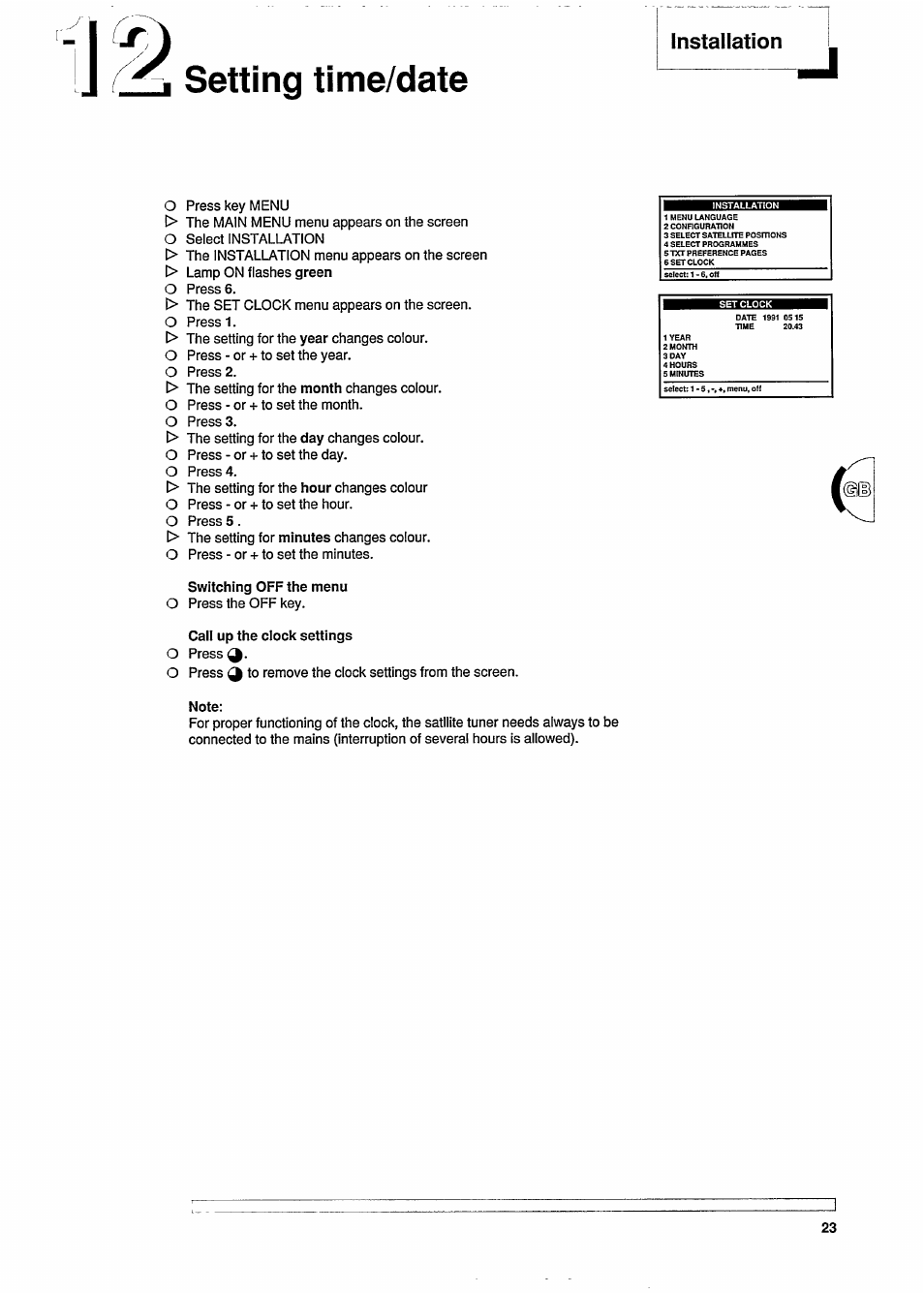 Setting time/date, Installation | Philips STU909 User Manual | Page 23 / 27