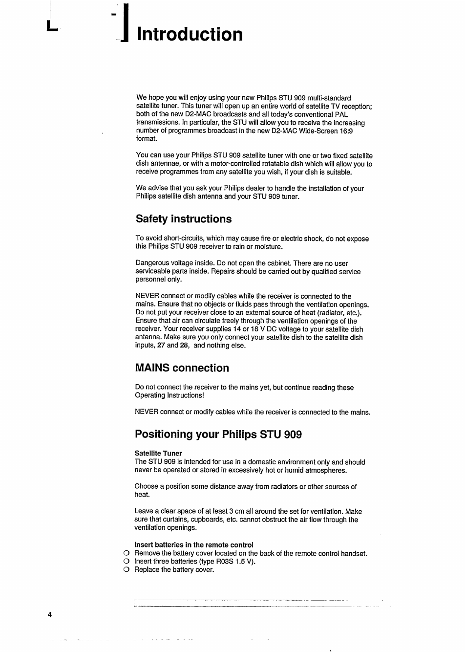 Introduction, Safety instructions, Mains connection | Positioning your philips stu 909 | Philips STU909 User Manual | Page 4 / 27