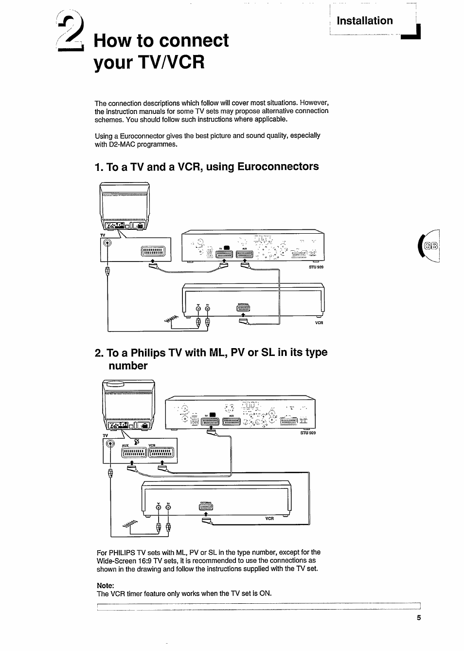 How to connect your tva^cr, To a tv and a vcr, using euroconnectors, Installation | Philips STU909 User Manual | Page 5 / 27