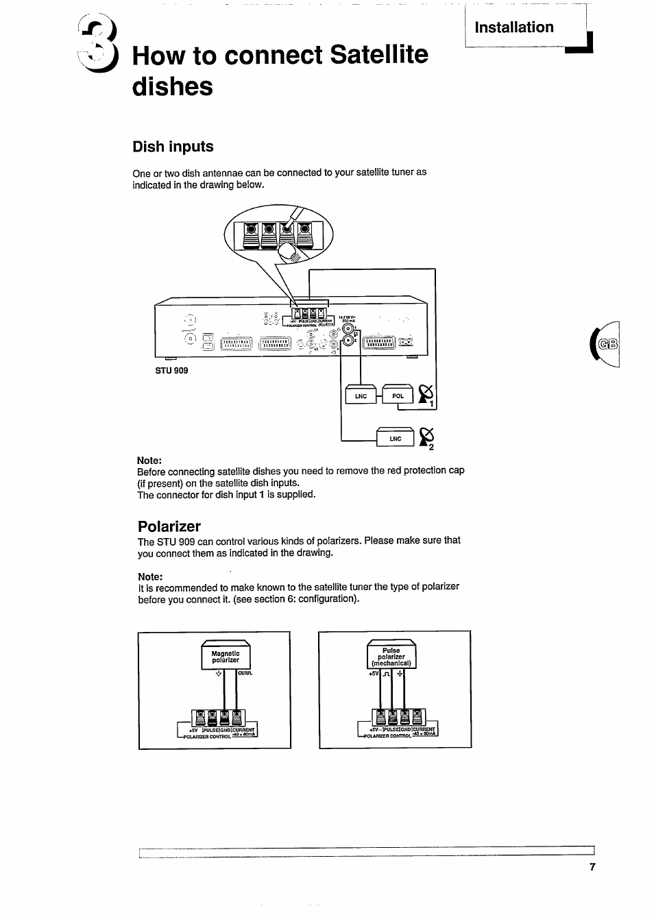 How to connect satellite dishes, Dish inputs, Polarizer | Installation dish inputs | Philips STU909 User Manual | Page 7 / 27