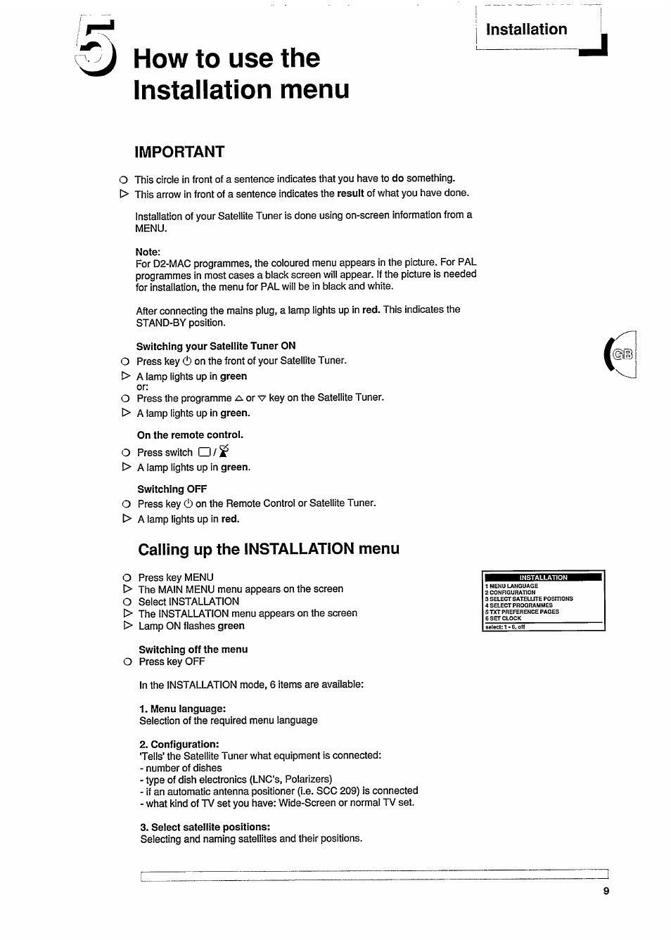 How to use the installation menu, Important, Calling up the installation menu | Installation important | Philips STU909 User Manual | Page 9 / 27