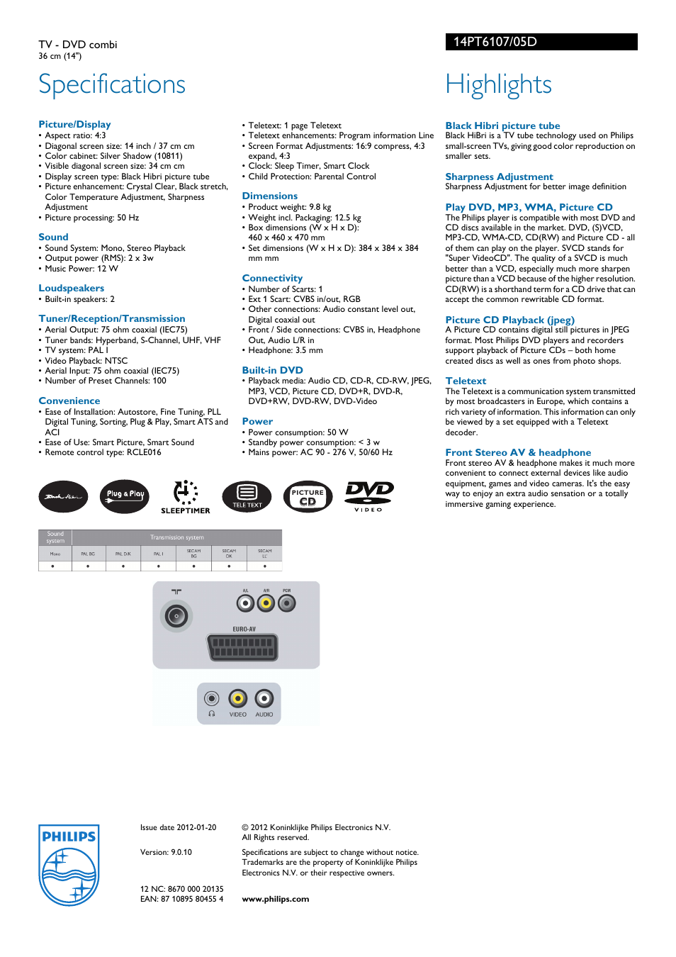 Specifications, Highlights | Philips 14PT610 User Manual | Page 2 / 2
