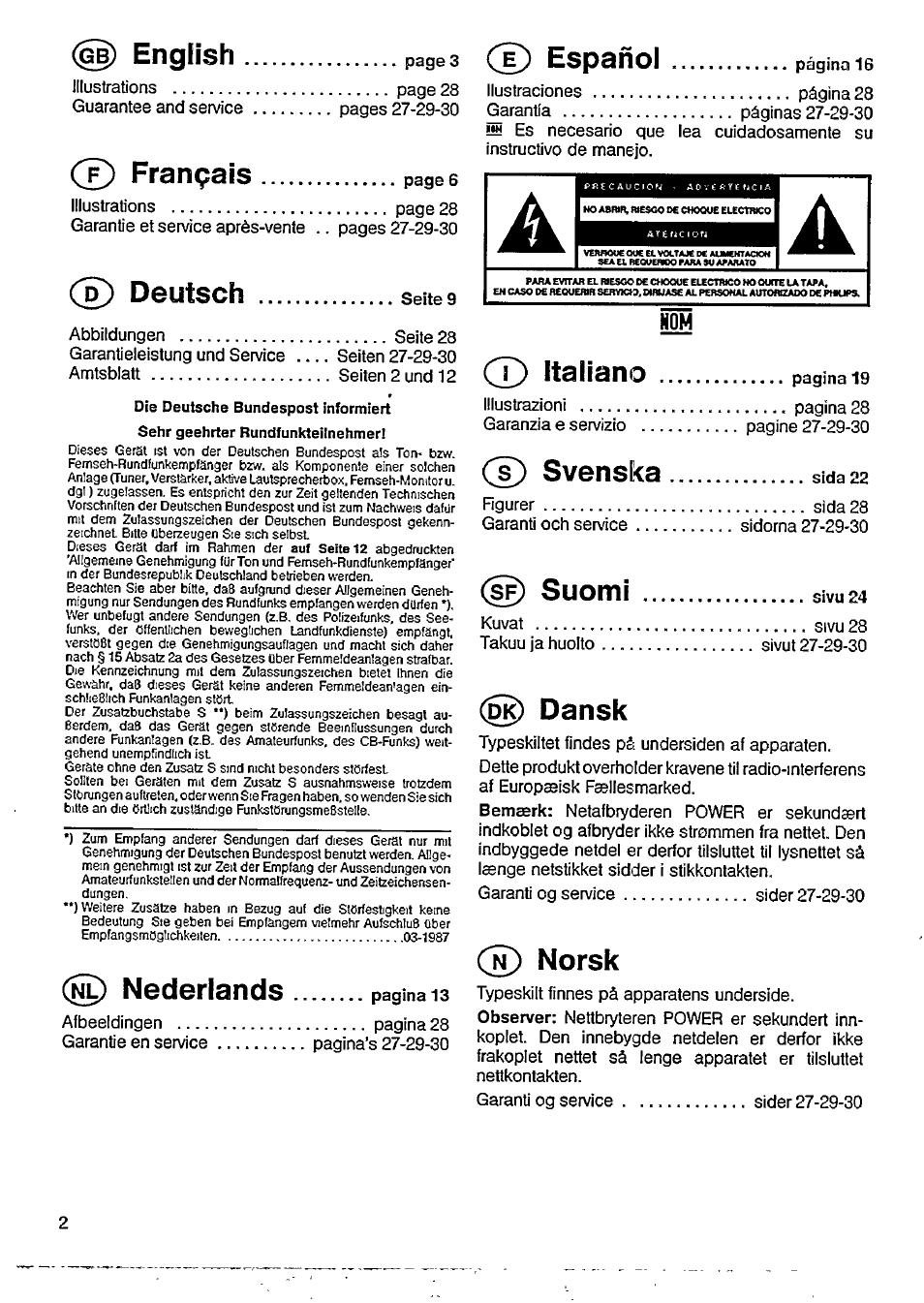 English, X) español, T) français | Deutsch, Nederlands, T) italiano, S) svenska, Suomi, Dansk, Norsk | Philips AW 7694 User Manual | Page 2 / 9