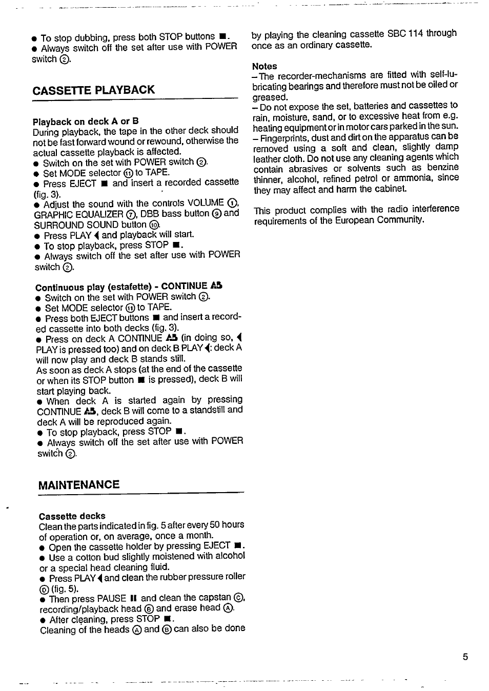 Cassette playback, Playback on deck a or b, Continuous play (estafette) - continue a | Notes, Maintenance, Cassette decks | Philips AW 7694 User Manual | Page 5 / 9