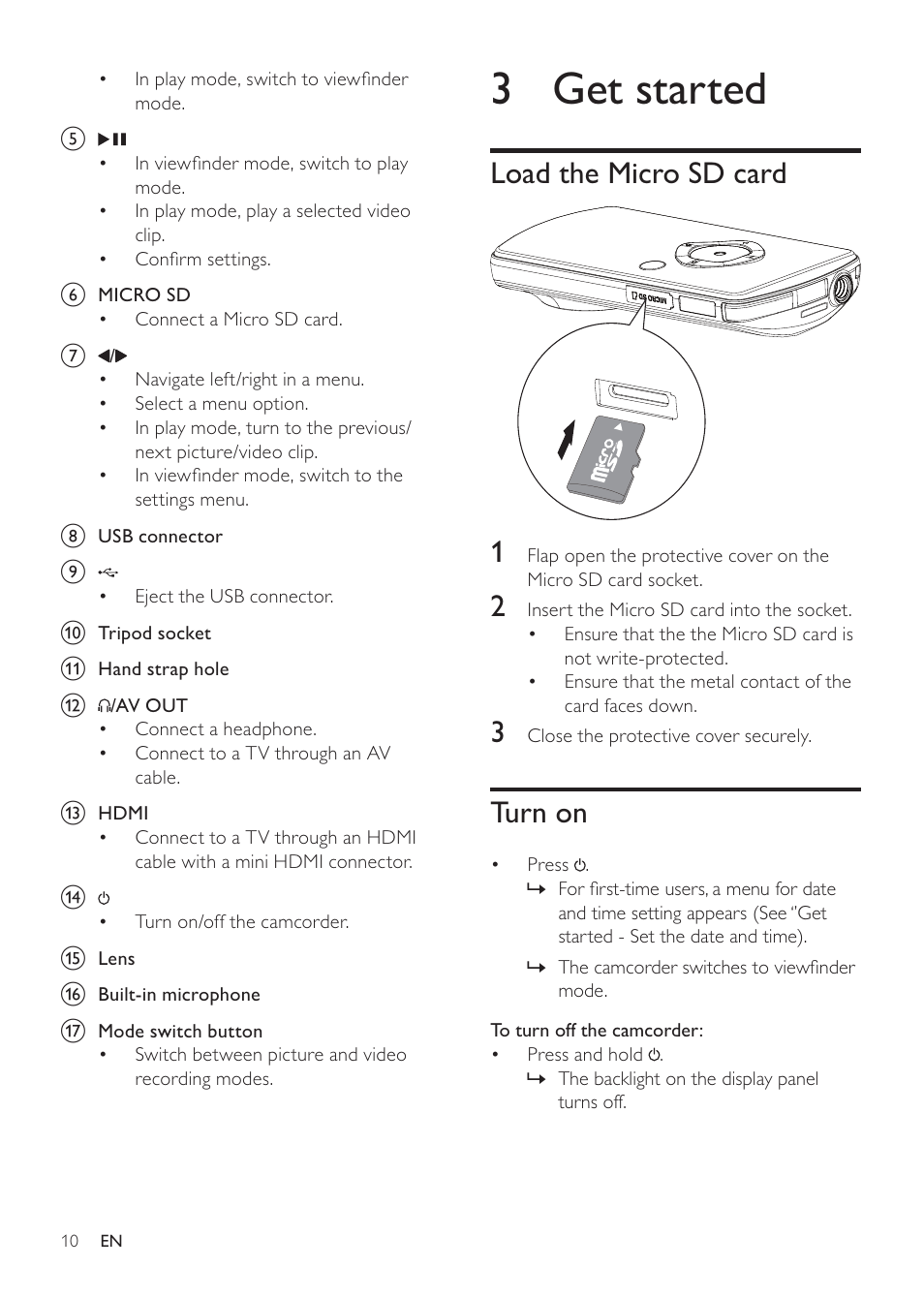 3 get started, Load the micro sd card, Turn on | Philips CAM100GY User Manual | Page 10 / 19