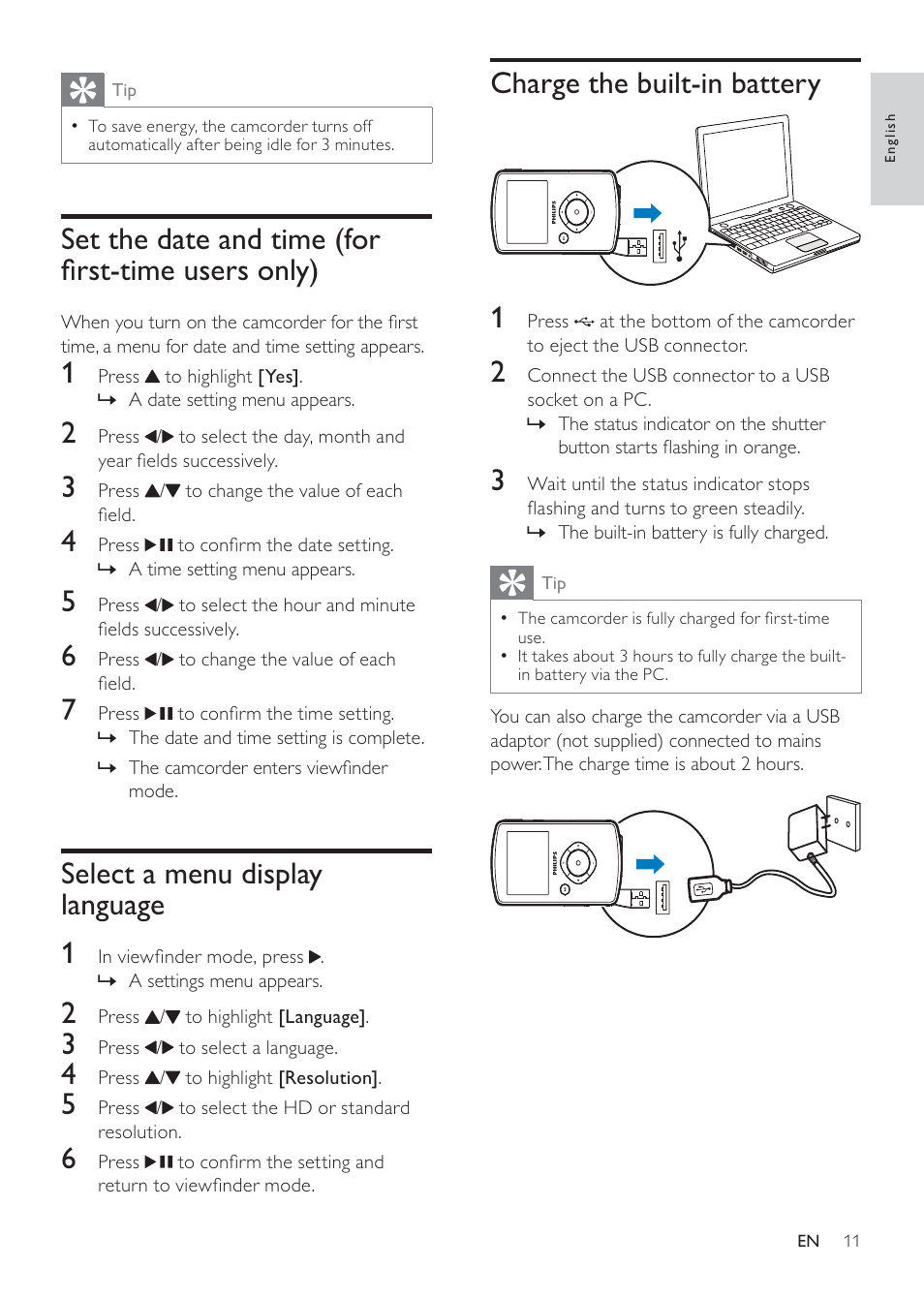 Charge the built-in battery, Set the date and time (for ﬁrst-time users only), Select a menu display language 1 | Philips CAM100GY User Manual | Page 11 / 19