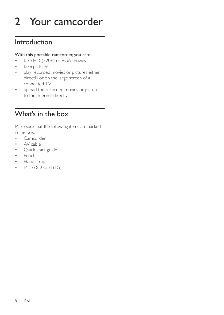 2 your camcorder, Introduction, What’s in the box | Philips CAM100GY User Manual | Page 8 / 19