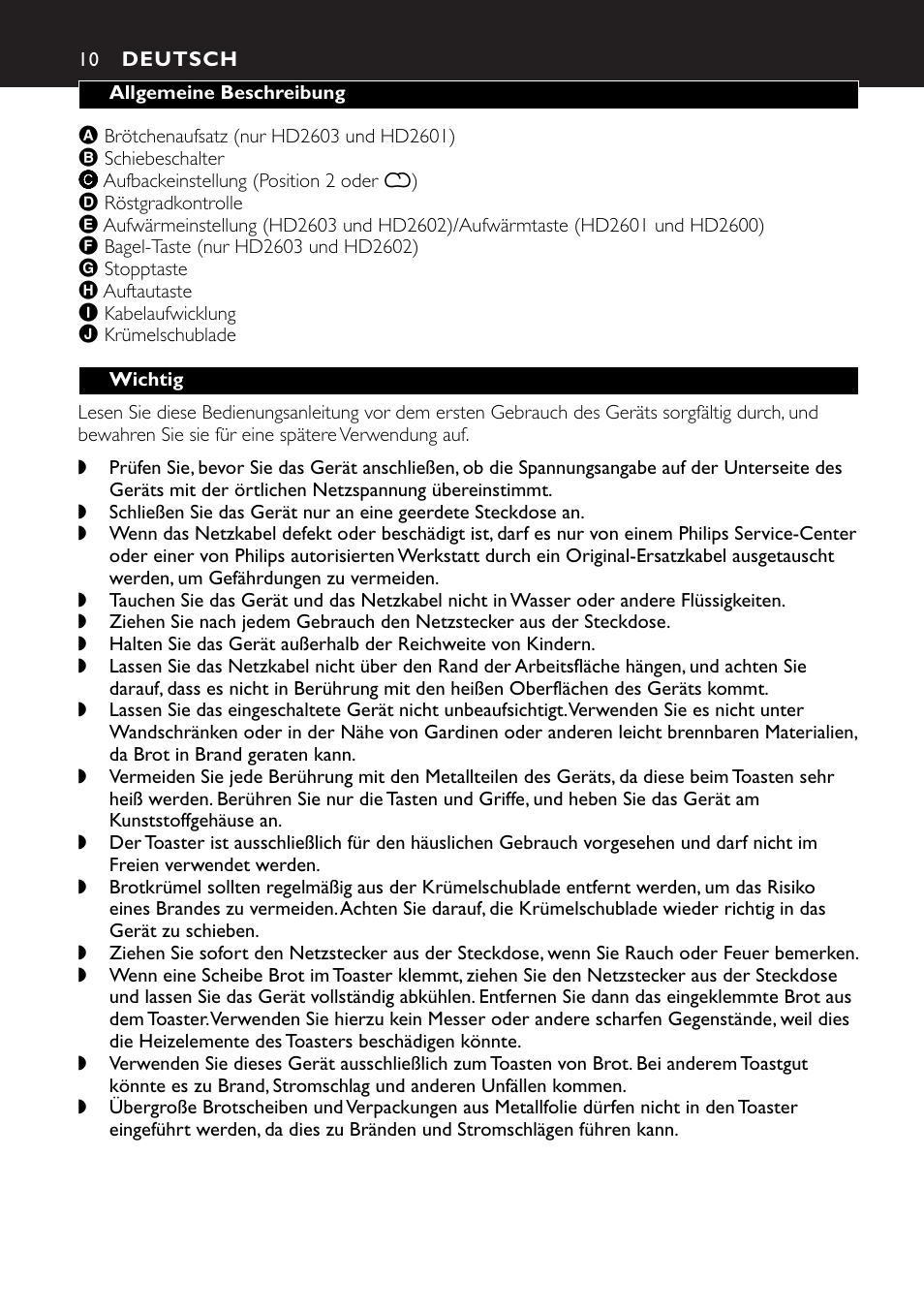 Deutsch 10 | Philips HD2603 User Manual | Page 10 / 60