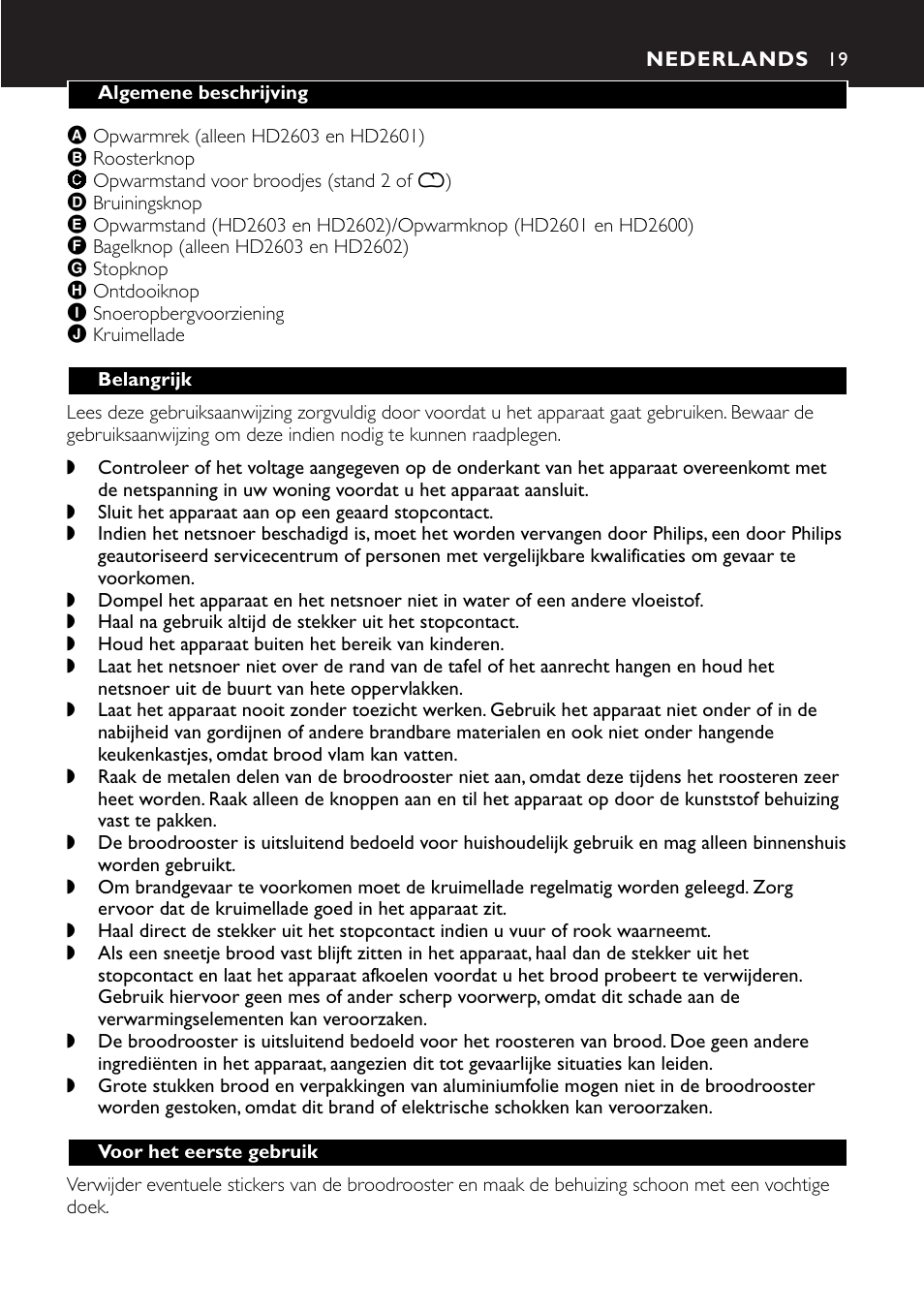 Nederlands 19 | Philips HD2603 User Manual | Page 19 / 60