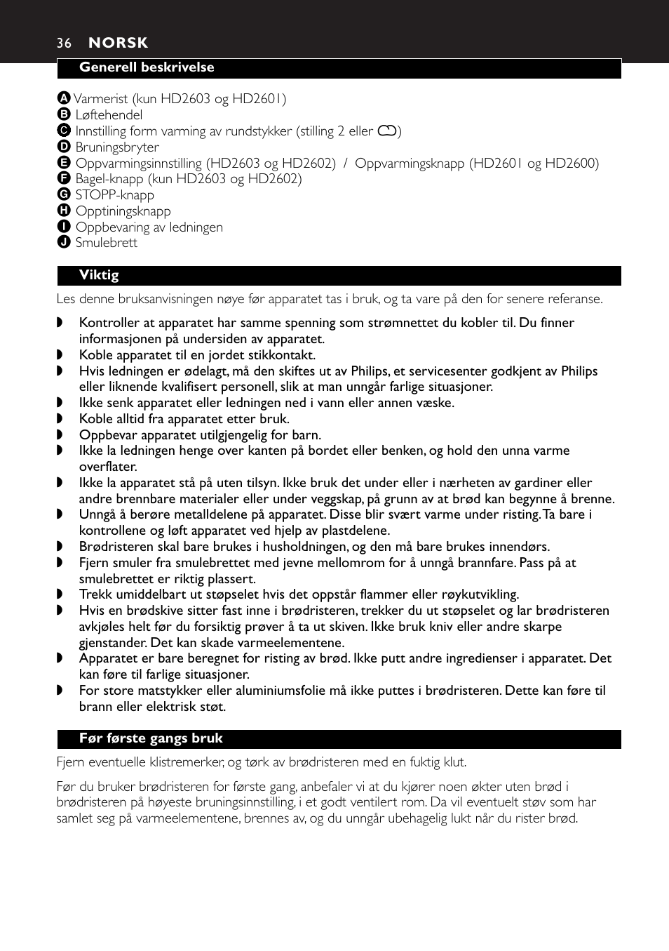 Norsk 36 | Philips HD2603 User Manual | Page 36 / 60