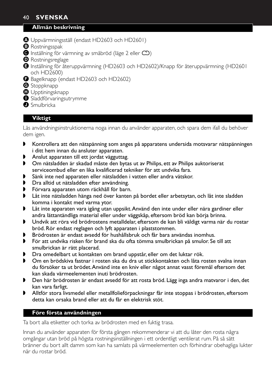 Svenska 40 | Philips HD2603 User Manual | Page 40 / 60