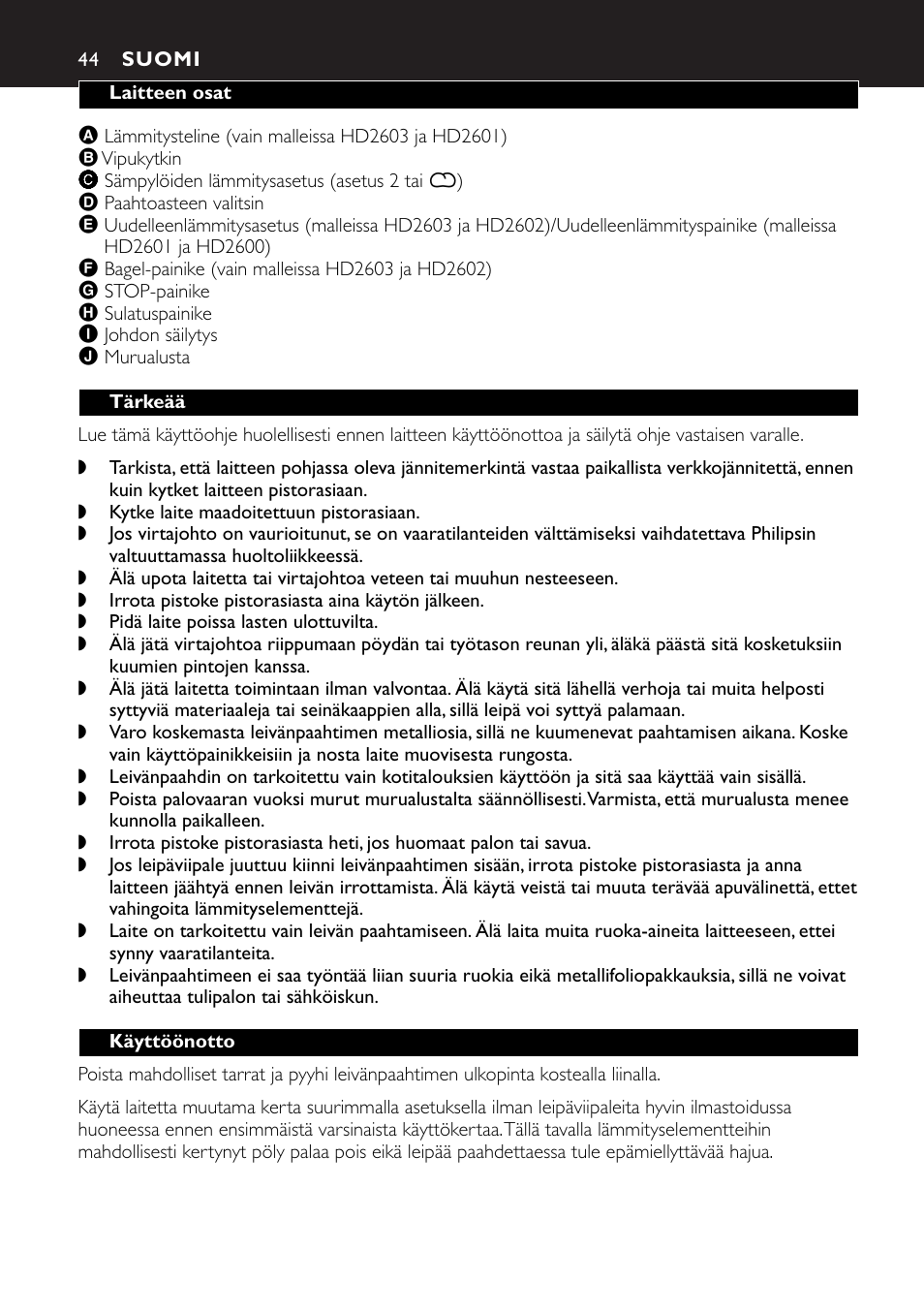 Suomi 44 | Philips HD2603 User Manual | Page 44 / 60