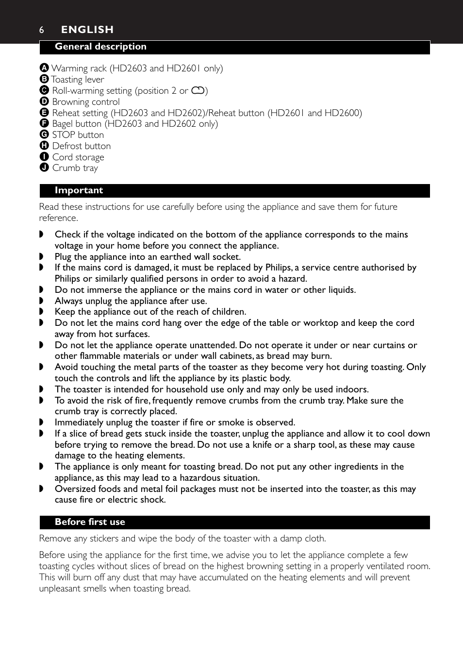 English 6 | Philips HD2603 User Manual | Page 6 / 60