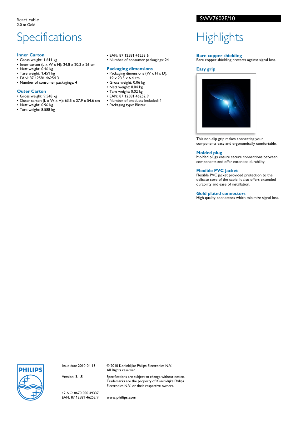 Specifications, Highlights | Philips Flavors SWV7602F/10 User Manual | Page 2 / 2