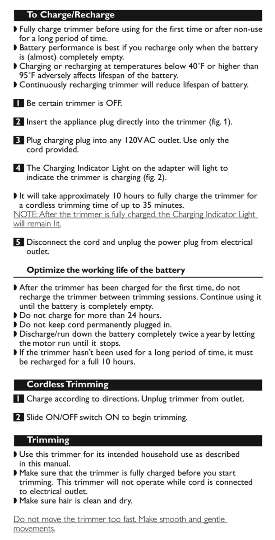 To charge/recharge, Cordless trimming, Trimming | Philips HP6378 User Manual | Page 6 / 11