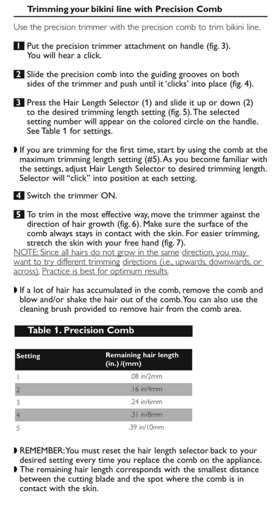 Table 1. precision comb | Philips HP6378 User Manual | Page 7 / 11