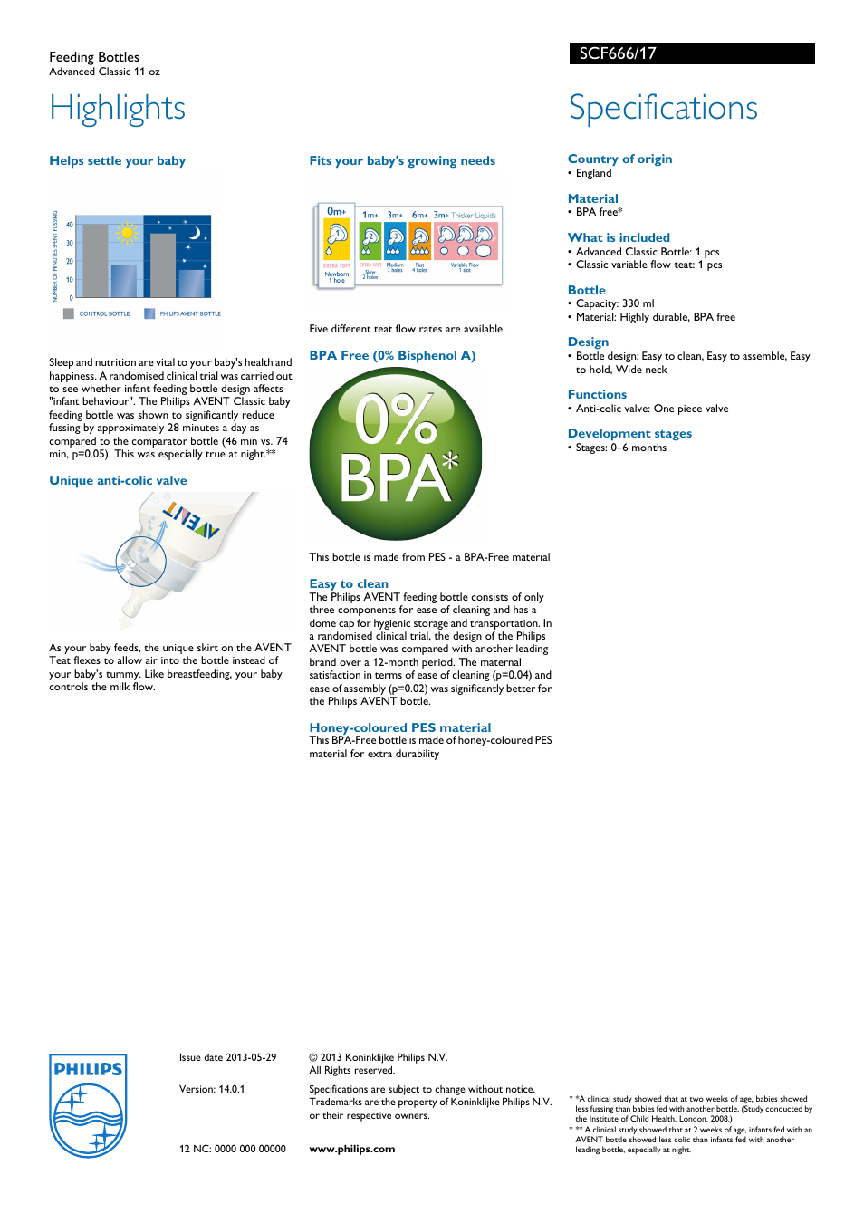 Highlights, Specifications | Philips AVENT SCF666/17 User Manual | Page 2 / 2