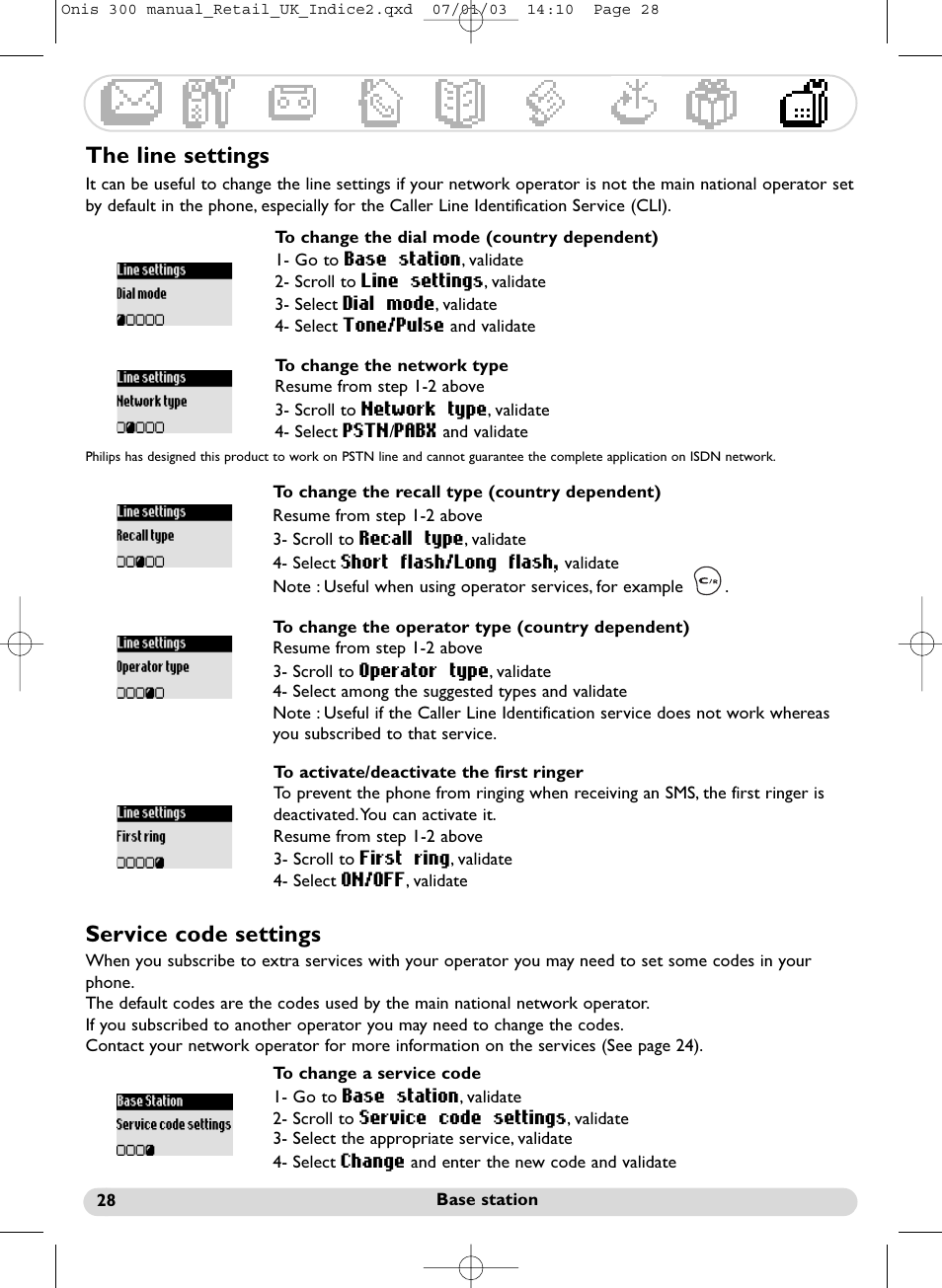 Line settings, Dial mode, Network type | Recall type, Operator type, First ringer, Service code settings, Setting the line, Setting the service codes, The line settings | Philips 300 User Manual | Page 30 / 33