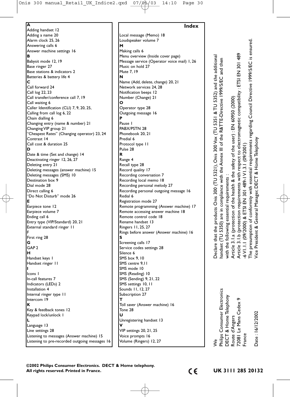 Index & certificate of conformity, Index | Philips 300 User Manual | Page 32 / 33