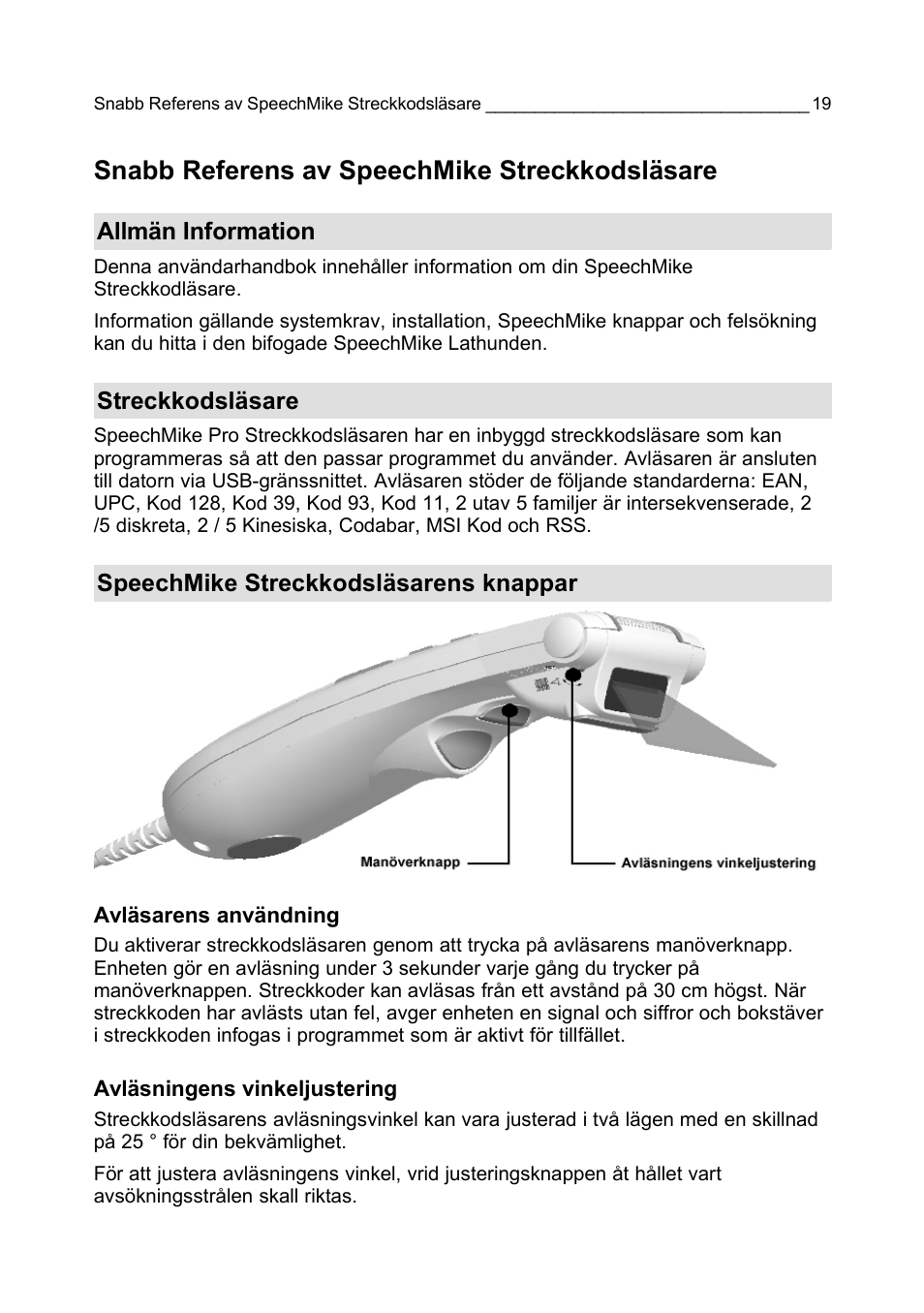 Snabb referens av speechmike streckkodsläsare | Philips LFH 5284 User Manual | Page 19 / 22