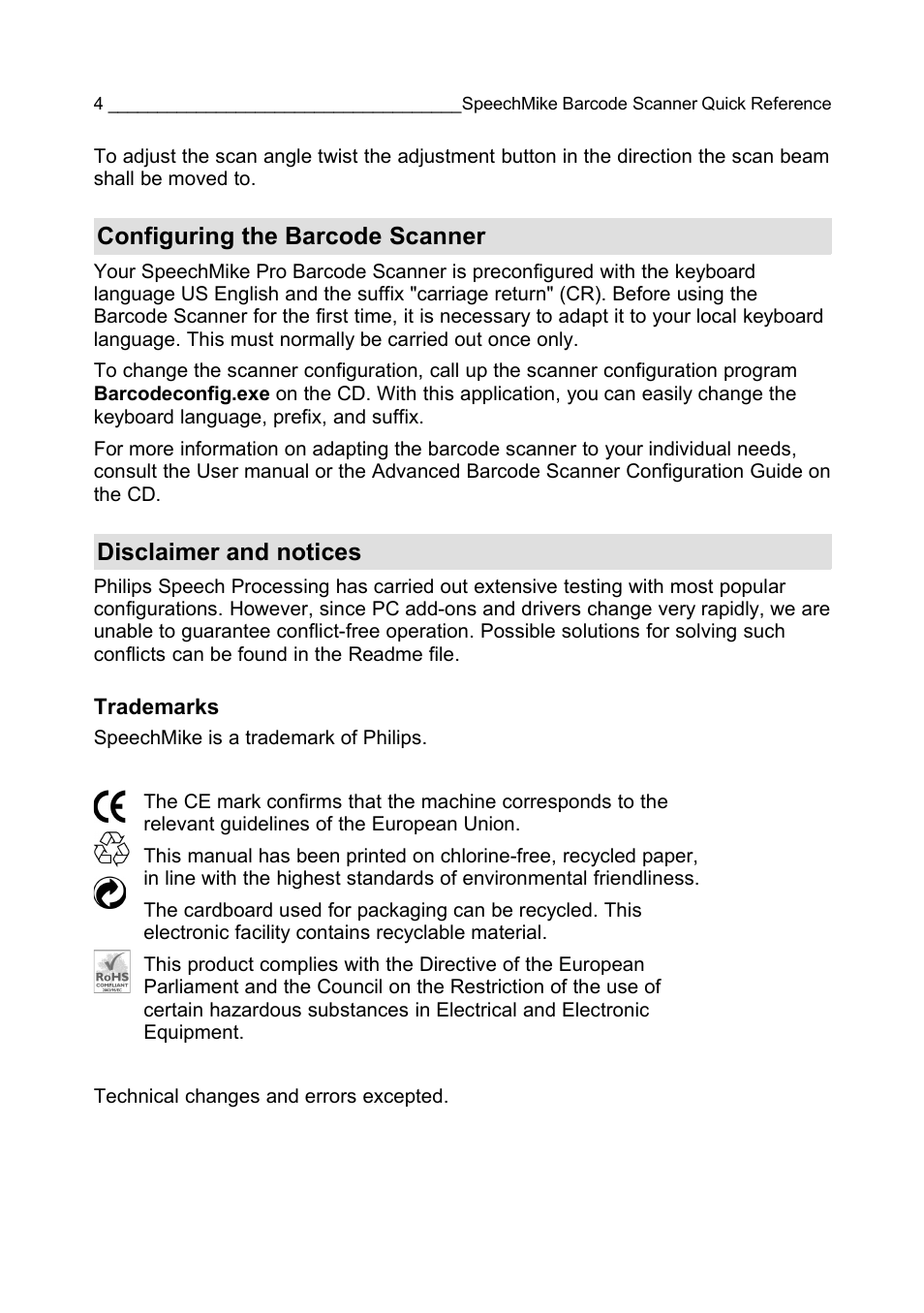 Configuring the barcode scanner, Disclaimer and notices | Philips LFH 5284 User Manual | Page 4 / 22