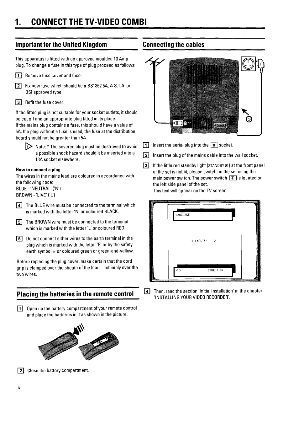 Connect the tv-video combi, How to connect a plug, Placing the batteries in the remote control | Connect the tv-video combi 7 | Philips 21PV340/07 User Manual | Page 10 / 36