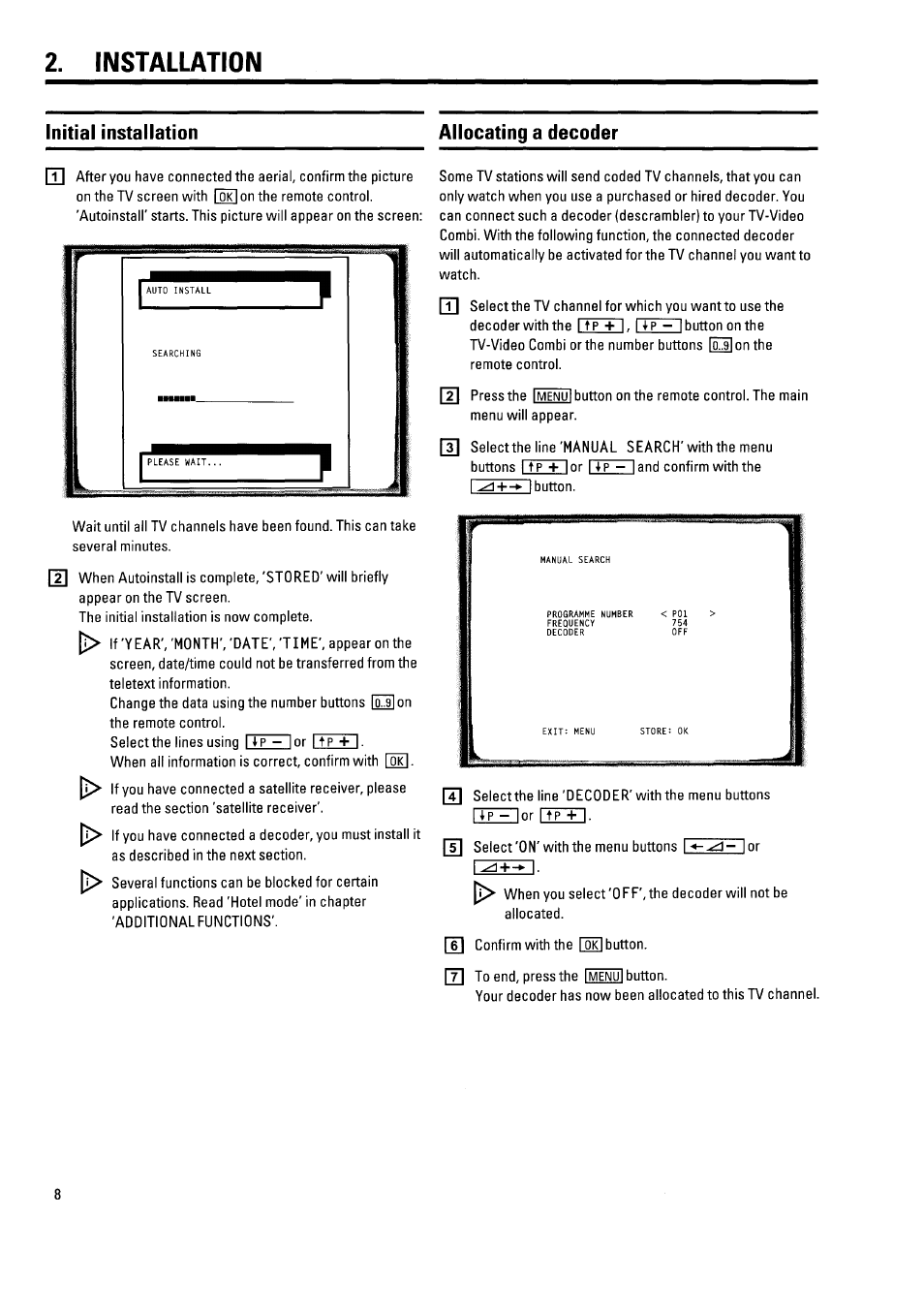 Installation, Initial installation allocating a decoder | Philips 21PV340/07 User Manual | Page 12 / 36