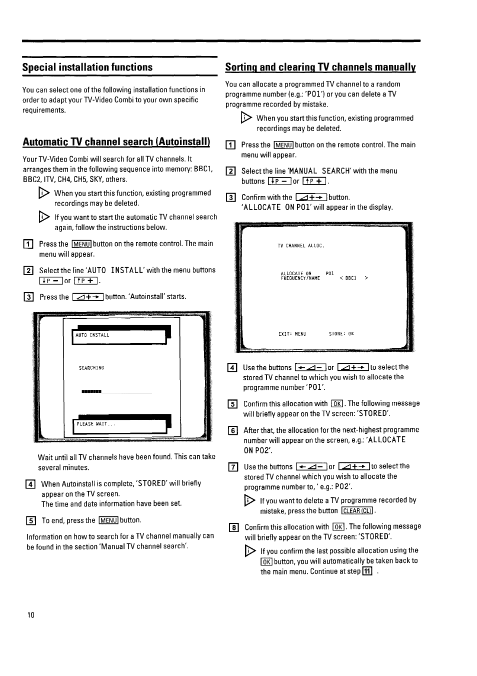 Special installation functions, Automatic tv channel search (autoinstall), Sorting and clearing tv channels manually | Philips 21PV340/07 User Manual | Page 14 / 36