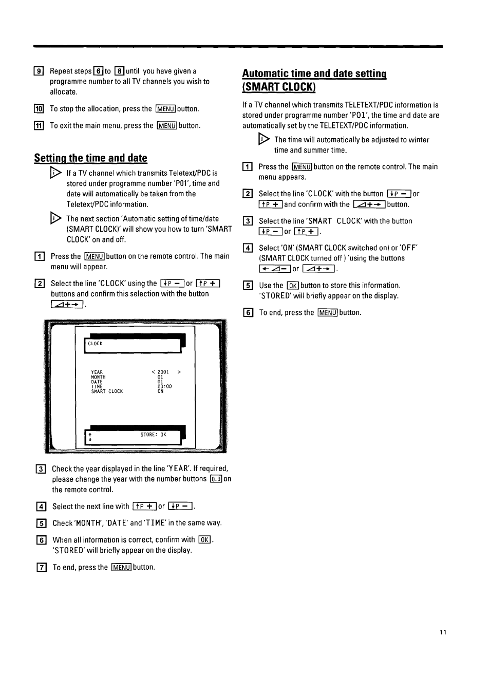 Setting the time and date, Automatic time and date setting (smart clock) | Philips 21PV340/07 User Manual | Page 15 / 36