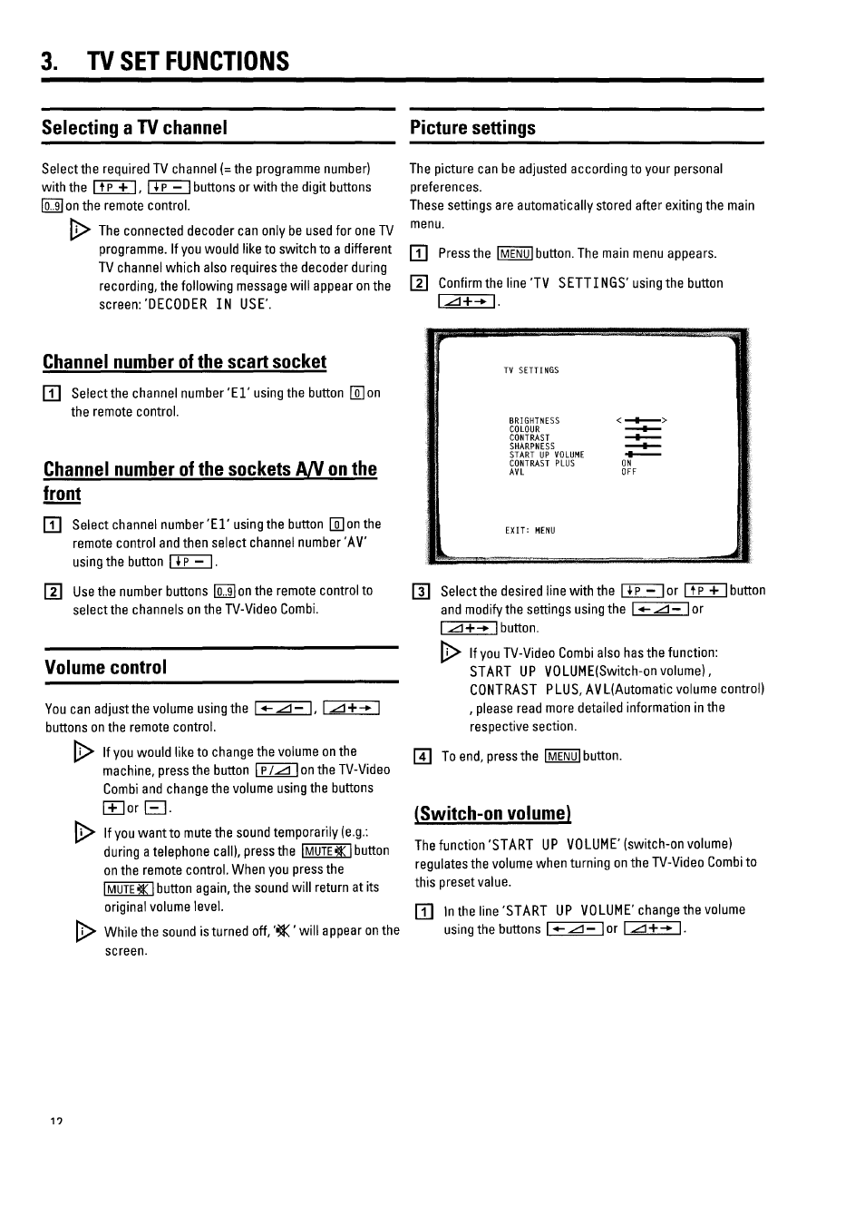 Tv set functions, B+hz, Channel number of the scart socket | Channel number of the sockets a/v on the front, Volume control, Switch-on volume), Tv set functions 9, Selecting a tv channel picture settings | Philips 21PV340/07 User Manual | Page 16 / 36