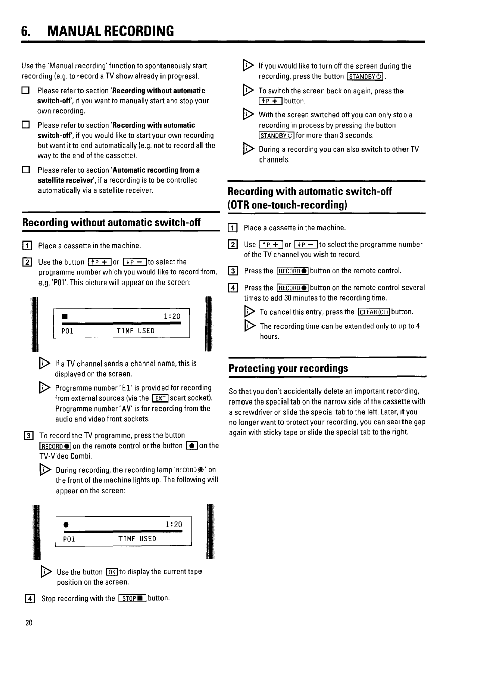 Manual recording, Recording without automatic switch-off, Protecting your recordings | Philips 21PV340/07 User Manual | Page 24 / 36