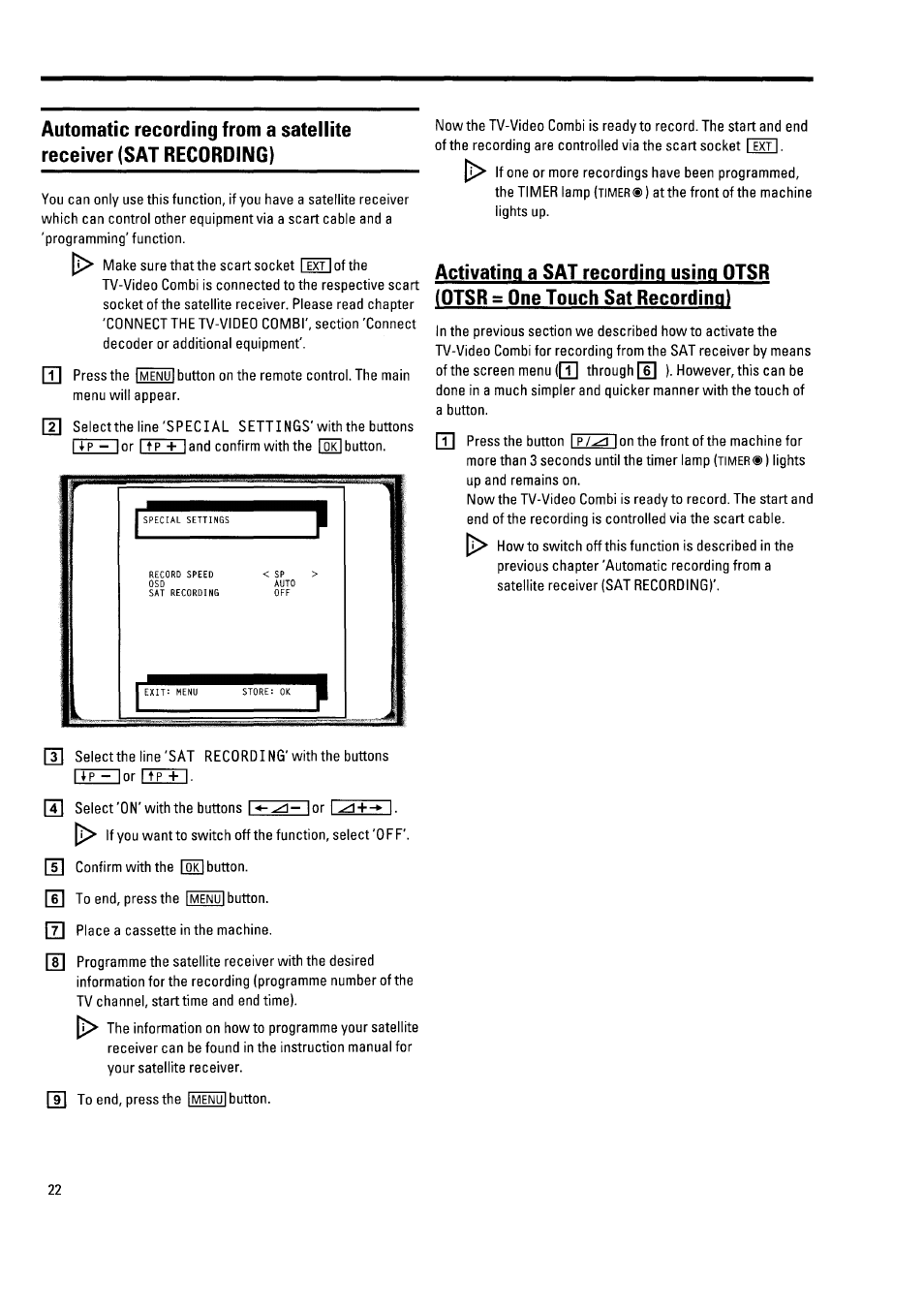 Activating a sat recording using otsr (otsr = one, Touch sat recording) | Philips 21PV340/07 User Manual | Page 26 / 36