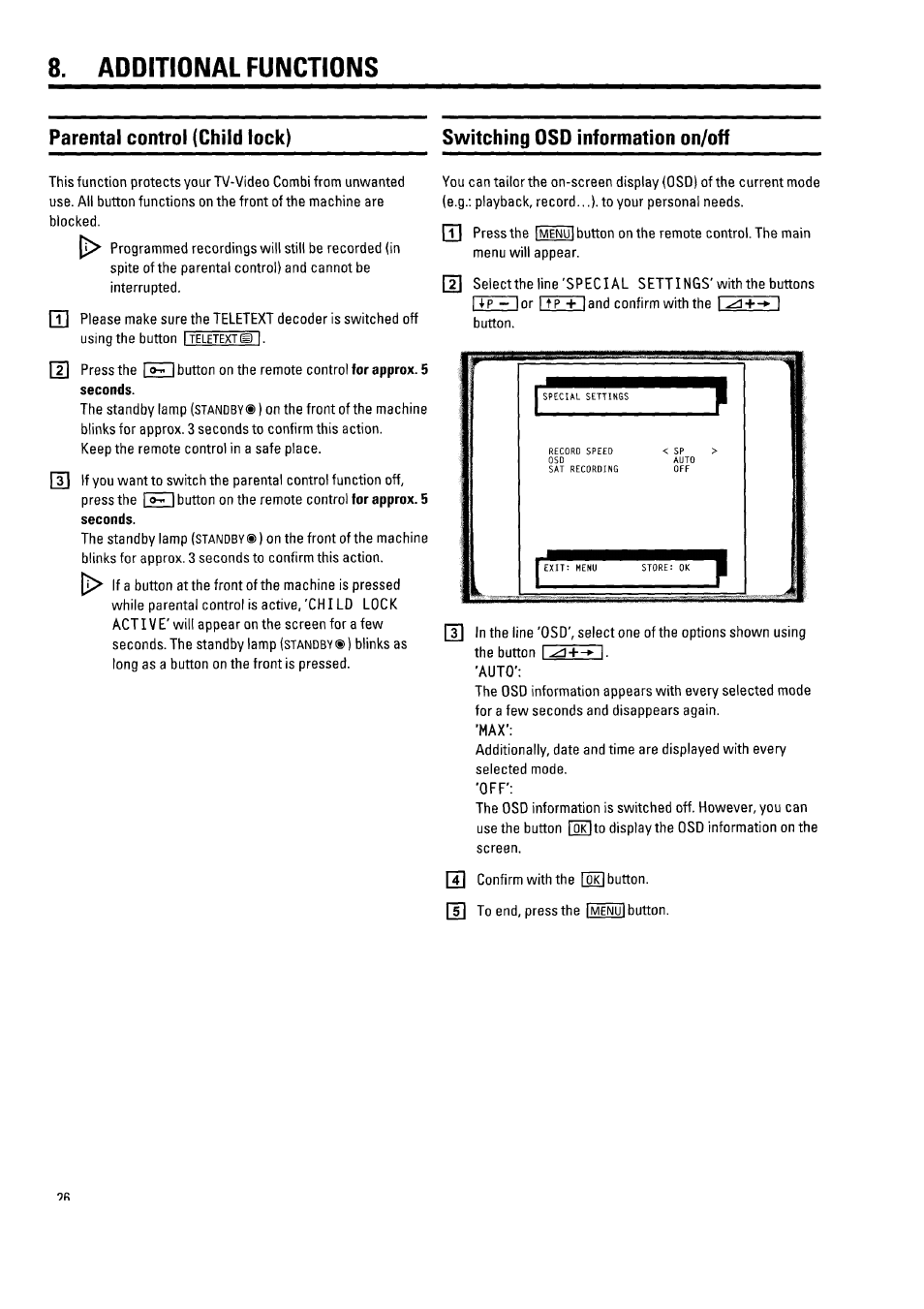 Additional functions, Parental control (child lock), Switching osd information on/off | Philips 21PV340/07 User Manual | Page 30 / 36
