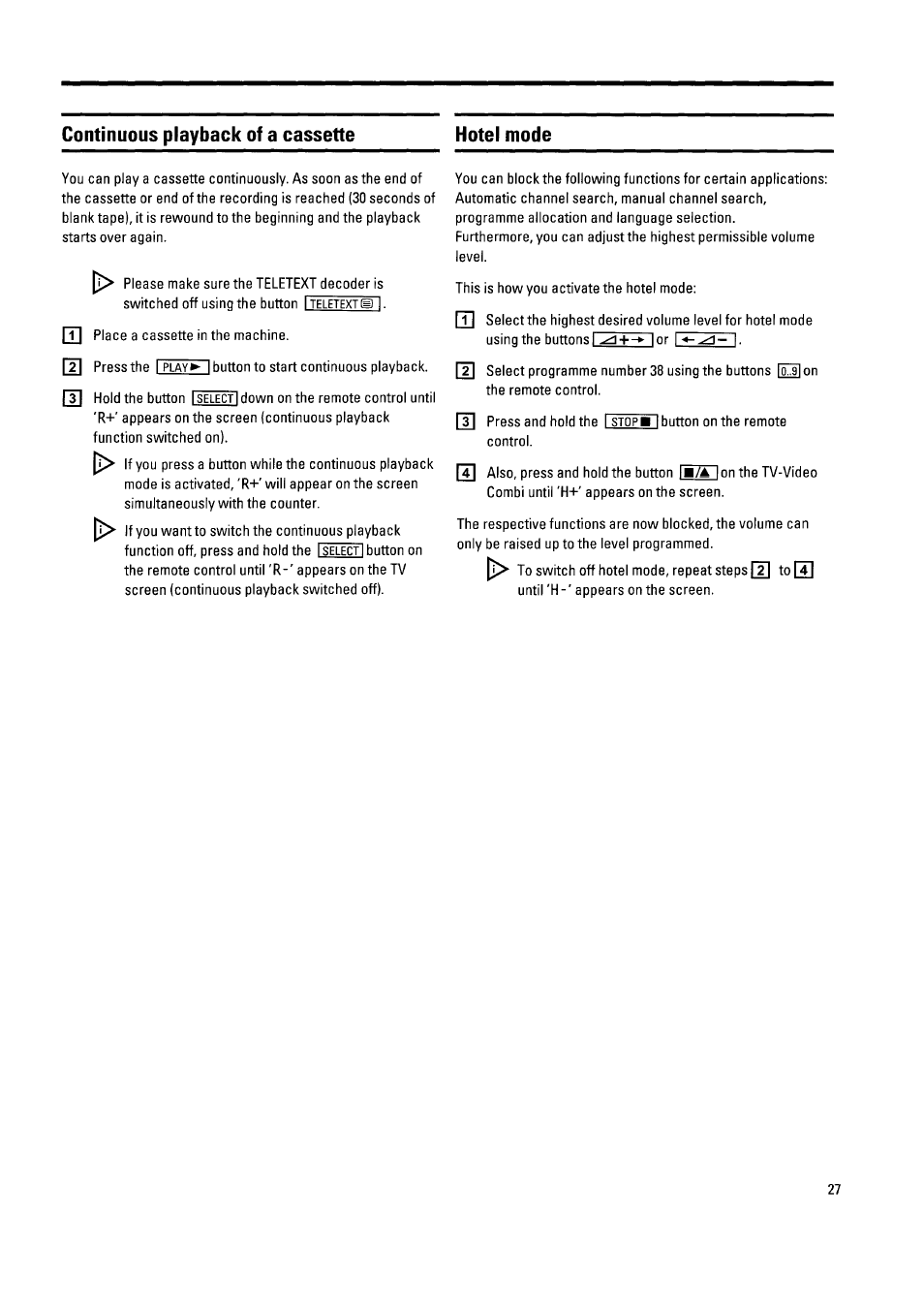 Continuous playback of a cassette hotel mode | Philips 21PV340/07 User Manual | Page 31 / 36