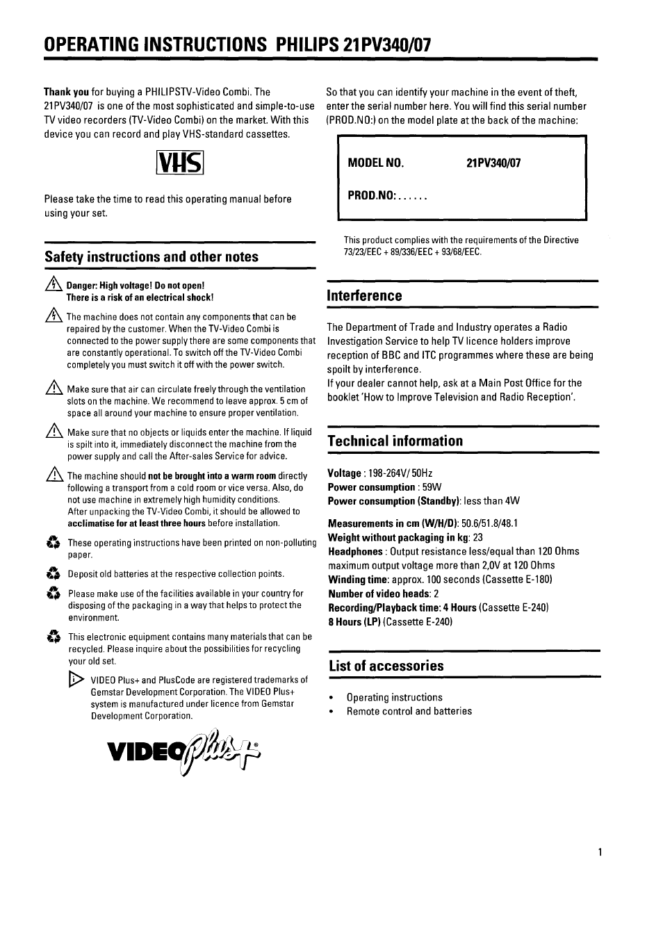 Operating instructions philips 21pv340/07, Safety instructions and other notes, Interference | Technical information, Voltage ;198-264v/50hz, Measurements in cm (w/h/d): 50.6/51.8/48.1, List of accessories | Philips 21PV340/07 User Manual | Page 5 / 36