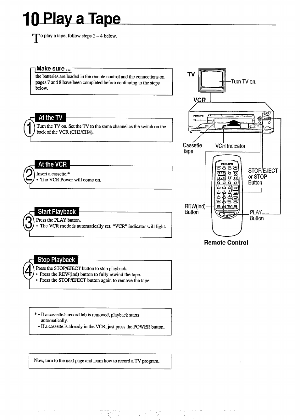 10 play a tape, Play a tape | Philips VR350 User Manual | Page 10 / 29