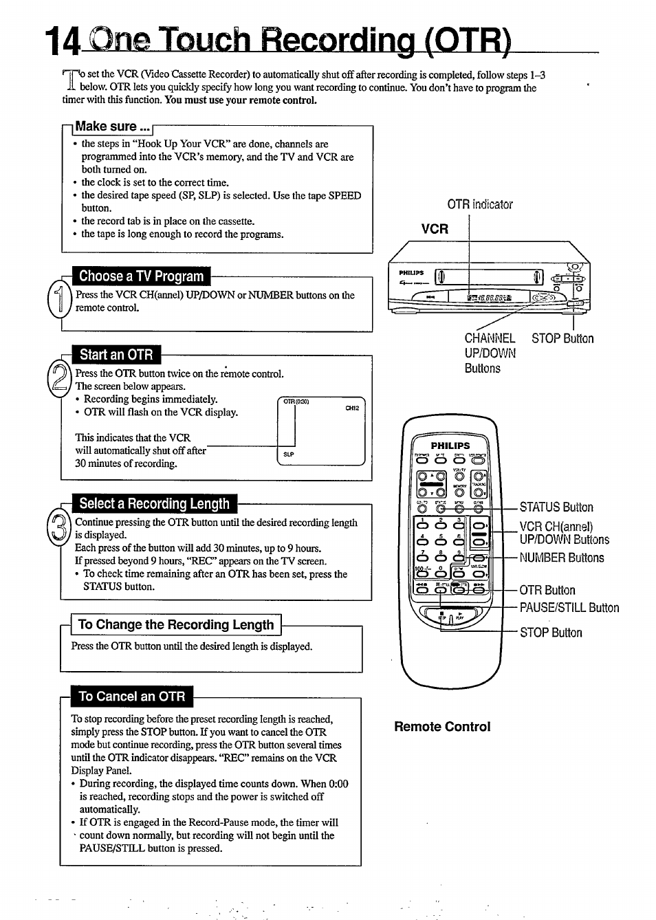E touch recording (otr), Channel stop button, Up/down | Buttons, Status button, Vcr ch(annel) up/down buttons, Number buttons, Otr button ■pause/still button, Stop button, One touch recording (otr) | Philips VR350 User Manual | Page 14 / 29