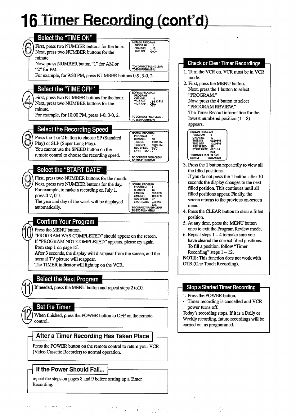 Check or clear timer recordings, Stop a started timer recording, After a timer recording has taken place | If the power should fail, Select the “time on, Select the “time off, Select the recording speed, Select the “start date, Confirm your program, Select the next program | Philips VR350 User Manual | Page 16 / 29