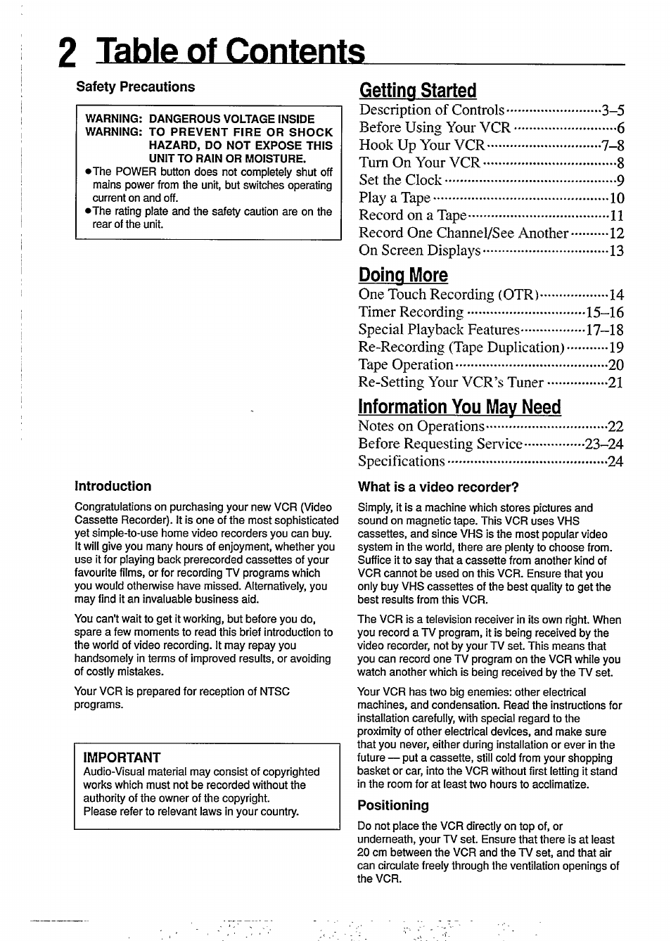 2 table of contents, Getting started, Doing more | Information you may need | Philips VR350 User Manual | Page 2 / 29