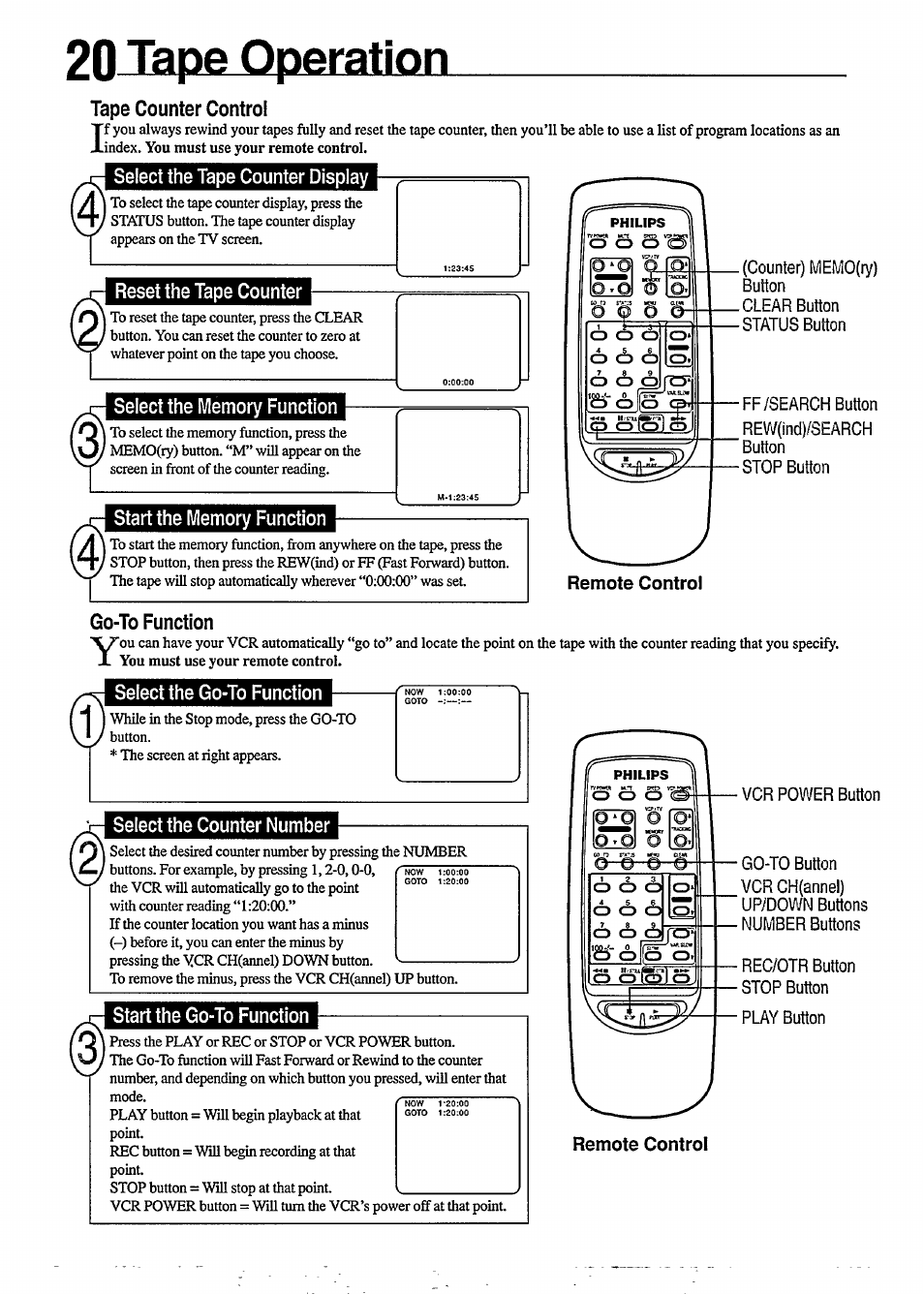 20 tape operation, Tape operation | Philips VR350 User Manual | Page 20 / 29