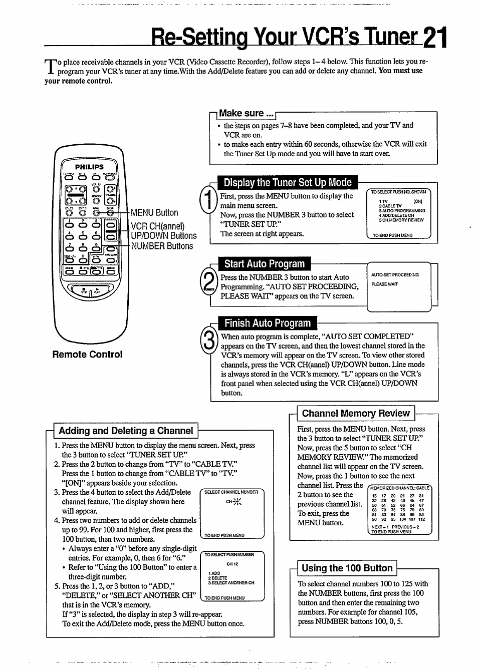 Re-setting your vcr’s tuner 21, Menu button, Vcr ch(ann8l) up/down buttons number buttons | Re-setting your vcr’s tuner, Make sure, Remote control, P adding and deleting a channel, P using the 100 button, Display the tuner set up mode, Start auto program | Philips VR350 User Manual | Page 21 / 29